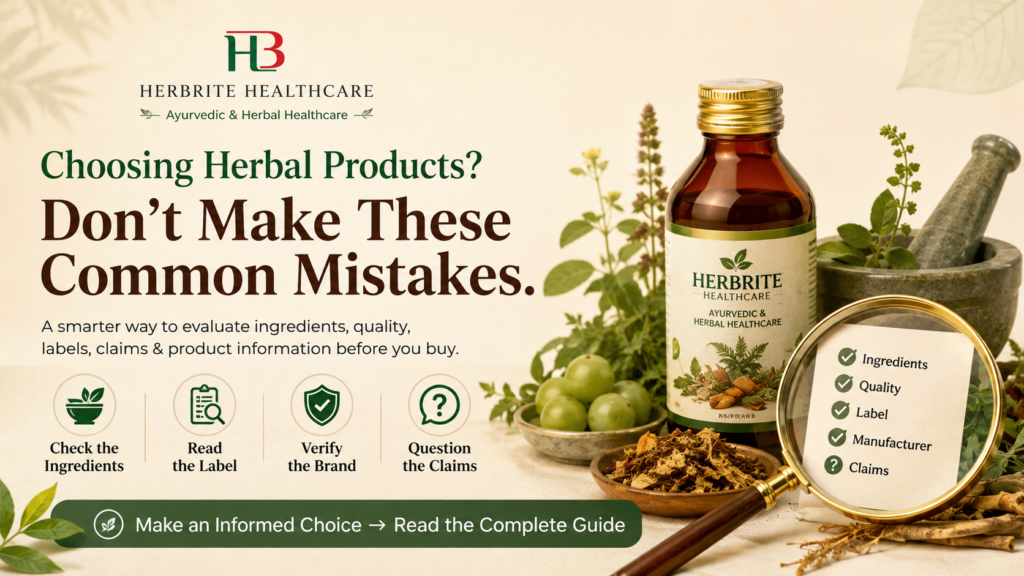 Herbrite Healthcare herbal product guide showing an Ayurvedic herbal bottle, natural herbs, magnifying glass, and checklist for evaluating ingredients, quality, labels, manufacturers, and product claims.